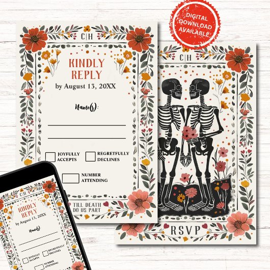 Boho Letterpress Style Skeleton Tarot Wedding RSVP 招待状