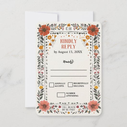 Boho Letterpress Style Skeleton Tarot Wedding RSVP 招待状 (正面)