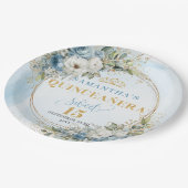 Boho Light Blue Floral Gold Glitter Custom Name ペーパープレート (アングル)