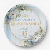 Boho Light Blue Floral Gold Glitter Custom Name ペーパープレート (正面)