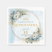 Boho Light Blue Floral Gold Glitter Quinceañera  スタンダードカクテルナプキン (正面)