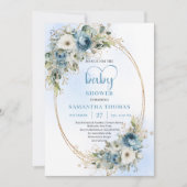 Boho Light Blue Floral Greenery Baby Shower Invite 招待状 (正面)