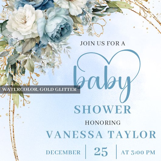 Boho Light Blue Floral Greenery Baby Shower Invite 招待状