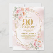 Boho Light Pink Gold Floral 90th Birthday Invites 招待状 (正面)