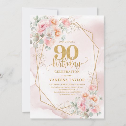 Boho Light Pink Gold Floral 90th Birthday Invites 招待状 (正面)