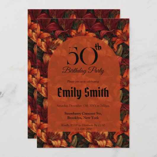 Boho Lilies Luxury Milestone Birthday 招待状 (正面/裏面)