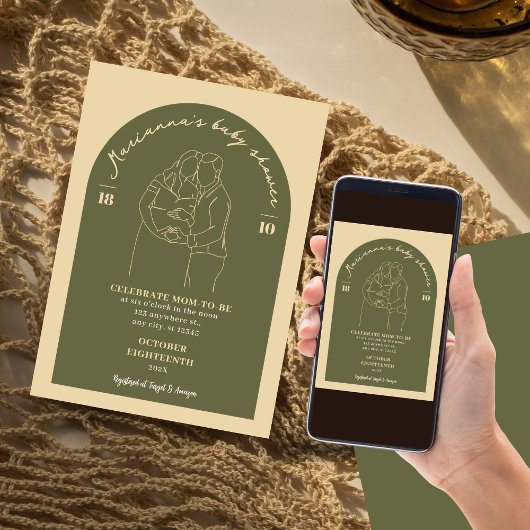 Boho Lineグリーンアートベビーシャワーミニマリスト 招待状