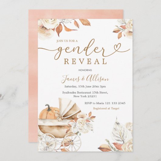 Boho Little Pumpkin Strollerフローラ性別の表示 招待状 (正面/裏面)