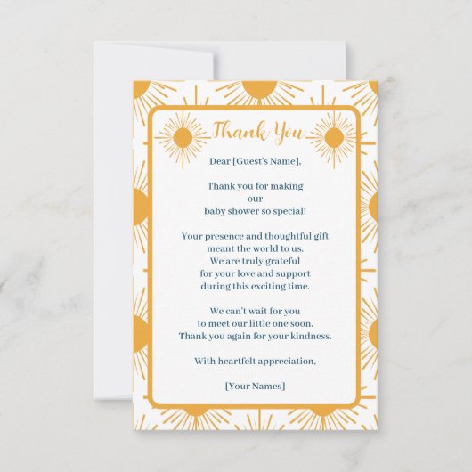 Boho Little Ray of Sun Baby Shower サンキューカード (正面)