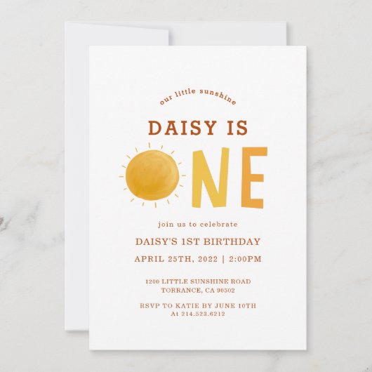 Boho Little Sunshine Is One 1歳の誕生日 招待状 (正面)