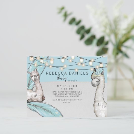 Boho LlamaフェザーOh男の赤ちゃんシャワー発表 案内ポストカード (スタンド正面)