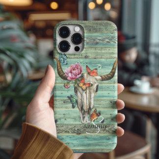 Boho Longhorn Skull Floral Monogram iPhone 16 Pro Maxケース