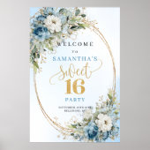 Boho Luxury Light Blue Floral Gold Sweet 16 Sign ポスター (正面)