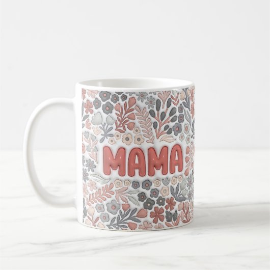 Boho Mama Grey Pink Floral 3D Effect Pattern コーヒーマグカップ (左)
