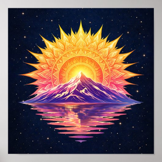Boho Mandala Mountain Sunset | Cosmic Night Sky ポスター (正面)