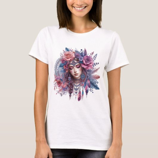 Boho Mandala T-Shirt – Floral Feathers  Tシャツ (正面)