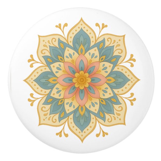 Boho Mandala Teal Blush & Gold Ceramic Knob Pull セラミックノブ (正面)
