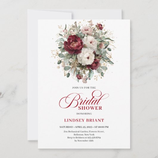 Boho Maroon Floral Bridal Shower Invitation 招待状 (正面)