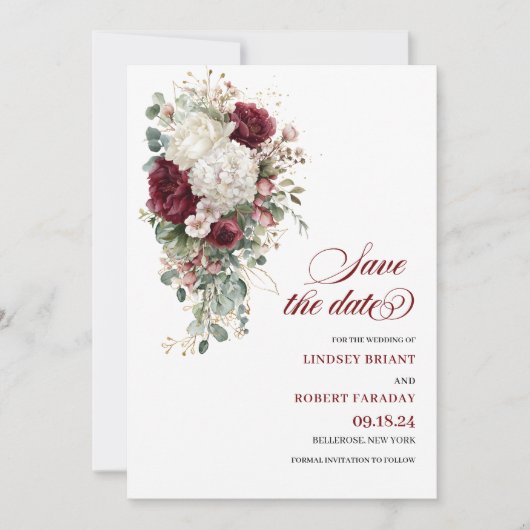 Boho maroon gold roses wedding save the date card 招待状 (正面)