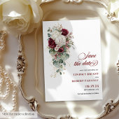 Boho maroon gold roses wedding save the date card 招待状