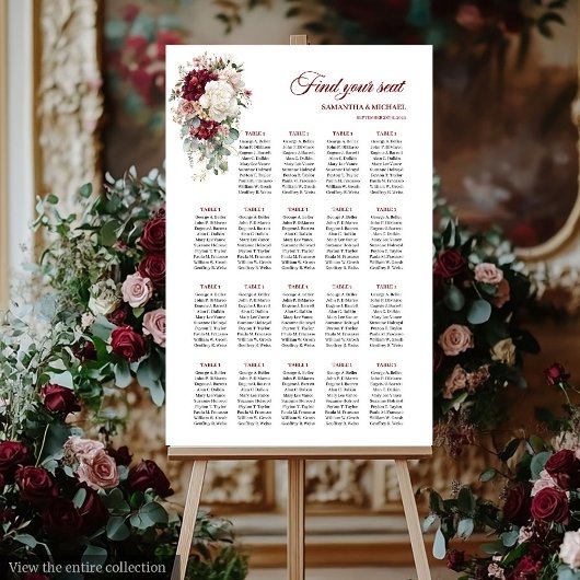 Boho maroon white gold floral seating chart poster ポスター