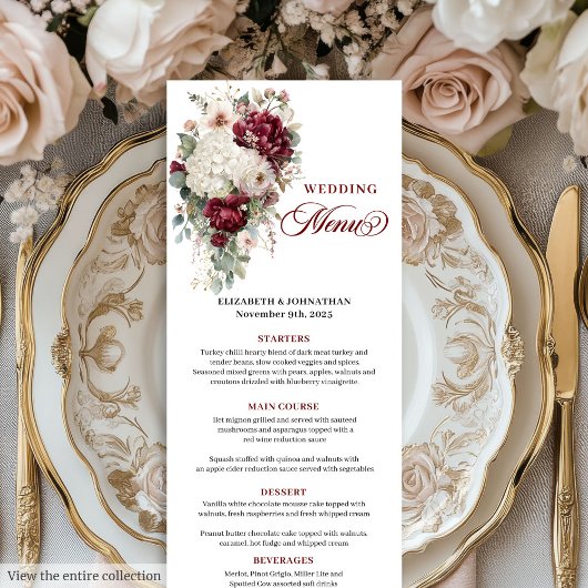 Boho maroon white gold floral wedding menu design メニュー
