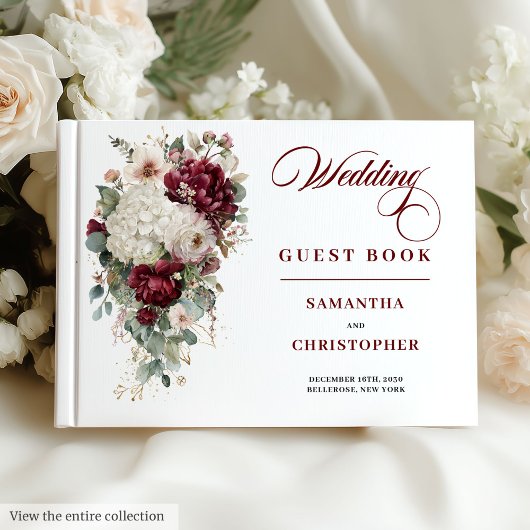 Boho maroon white gold roses wedding guest book ゲストブック