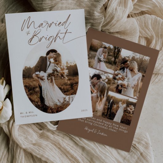 Boho Married & Bright Elegant Script Christmas シーズンカード