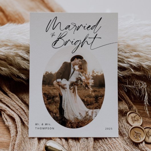 Boho Married & Bright Minimalist Script Christmas シーズンカード