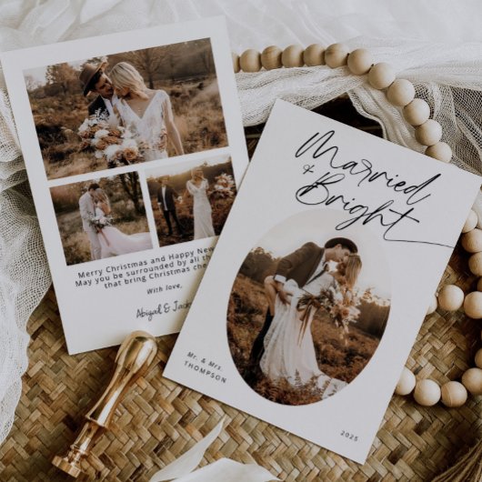 Boho Married & Bright Minimalist Script Christmas シーズンカード