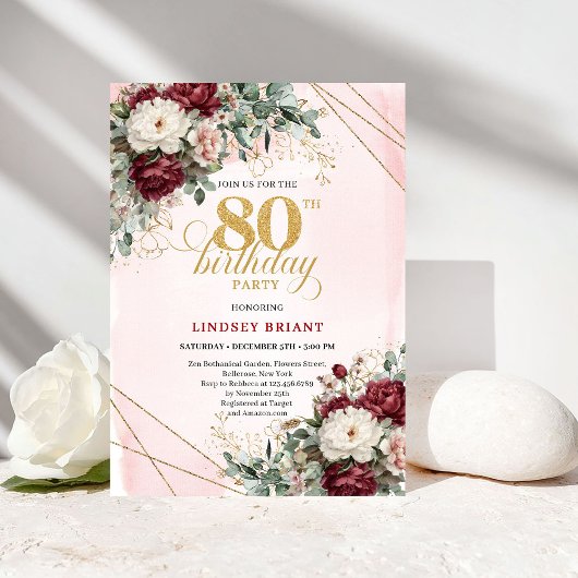 Boho Marsala Flowers Eucalyptus 80th Birthday 招待状