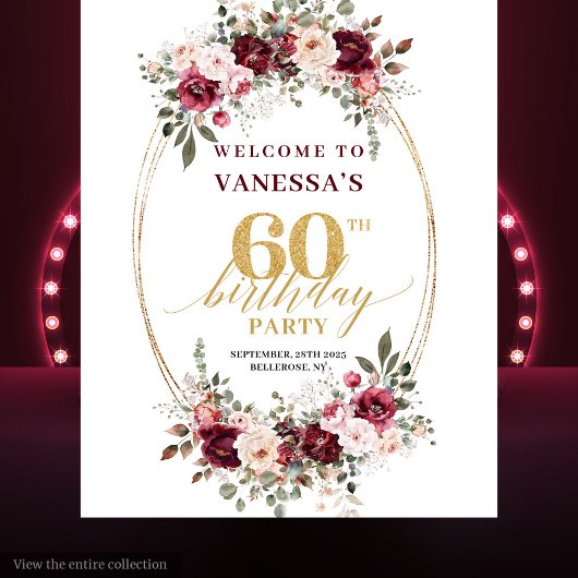 Boho Marsala Gold Floral Burgundy 60th Birthday  タペストリー