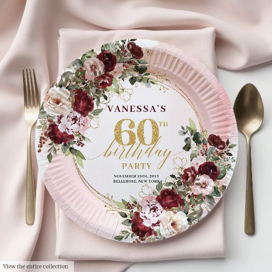 Boho Marsala Gold Roses Elegant 60th Birthday ペーパープレート