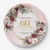 Boho Marsala Gold Roses Elegant 60th Birthday ペーパープレート (正面)