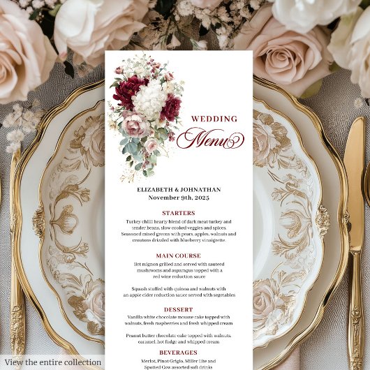 Boho marsala gold roses romantic wedding menu card メニュー