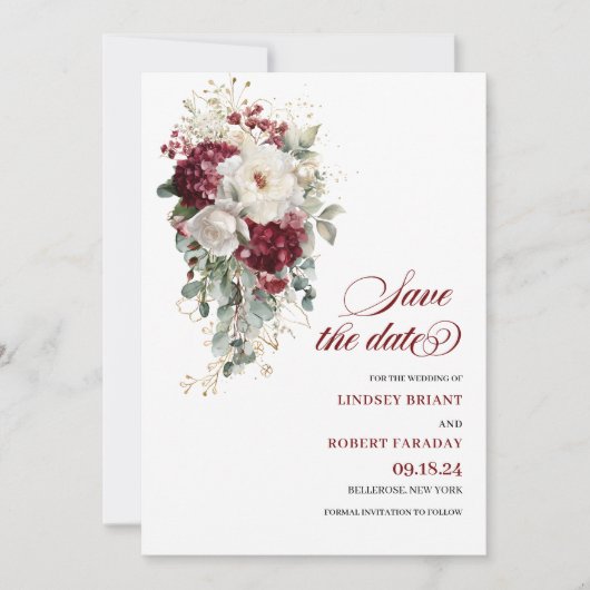 Boho marsala white gold floral save the date card 招待状 (正面)