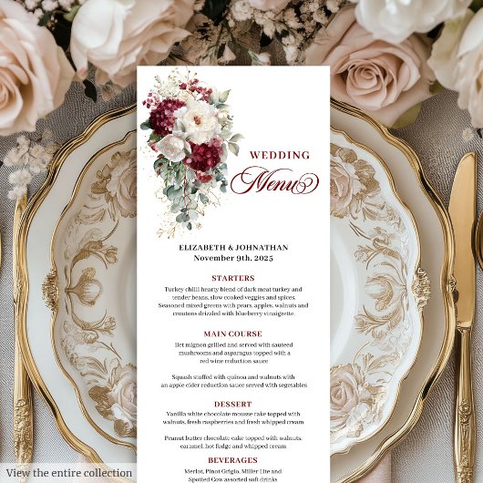 Boho marsala white gold floral wedding menu card メニュー