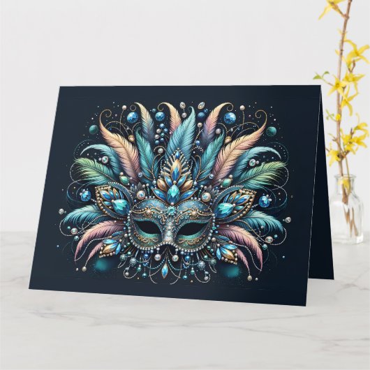 Boho Masquerade Feather Jewel Mask カード (黄色い花)