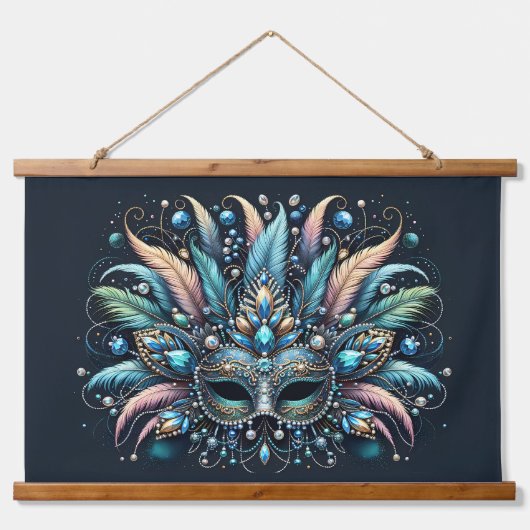 Boho Masquerade Feather Jewel Mask 吊り下げ型タペストリー (正面)