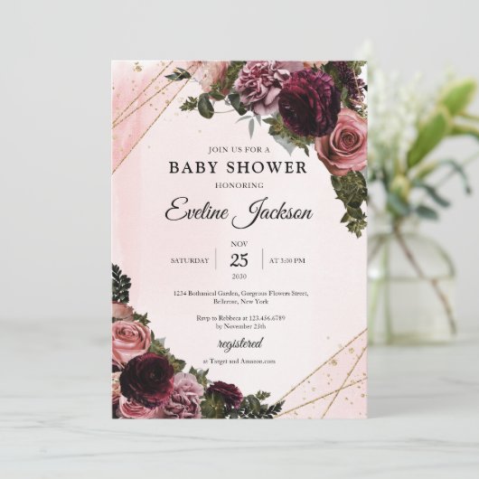 Boho Mauveとマルーンの花金ゴールドフレーム素朴 招待状 (スタンド正面)