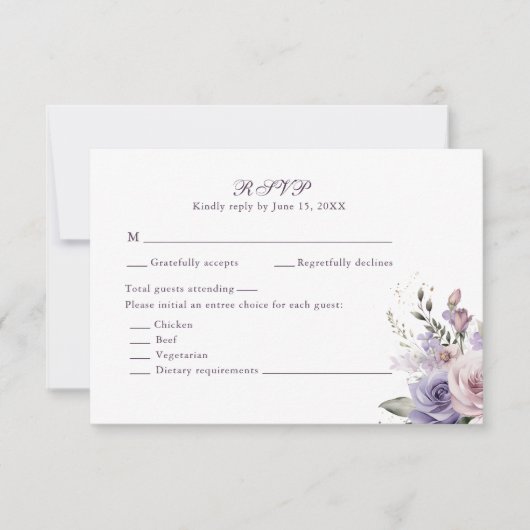 Boho Mauve and Lilac Flowers Wedding RSVP Card (正面)