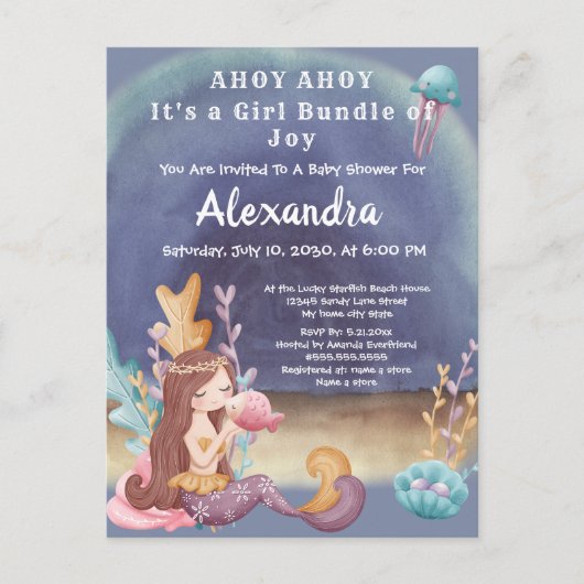 Boho Mermaid、熱帯魚ガールベビーシャワー インビテーションポストカード (正面)