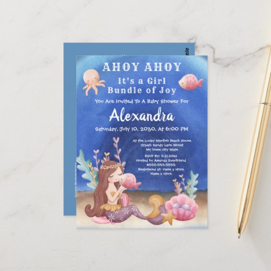 Boho Mermaid、熱帯魚ピンクの女の子ベビーシャワー ポストカード (正面/裏面インサイチュ)