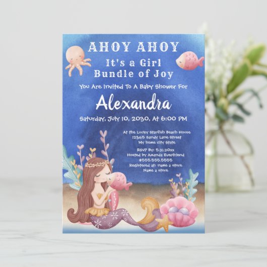 Boho Mermaid、熱帯魚ピンクの女の子ベビーシャワー 招待状 (スタンド正面)