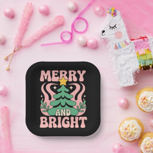 Boho Merry and Bright Personalized Floral Xmas ペーパープレート (パーティー)