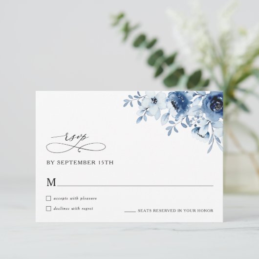 Boho Minimal Dusty Blue Floral Wedding RSVP Card (スタンド正面)