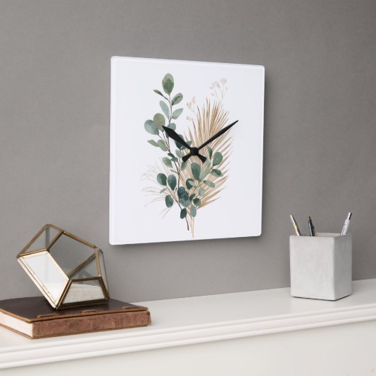 Boho Minimal Natural Botanical Wall Clock スクエア壁時計 (オフィス)