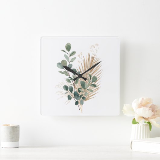 Boho Minimal Natural Botanical Wall Clock スクエア壁時計 (ホーム)
