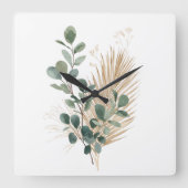 Boho Minimal Natural Botanical Wall Clock スクエア壁時計 (正面)