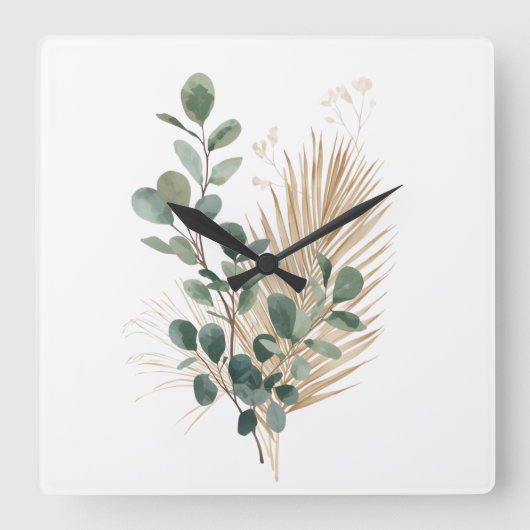 Boho Minimal Natural Botanical Wall Clock スクエア壁時計 (正面)